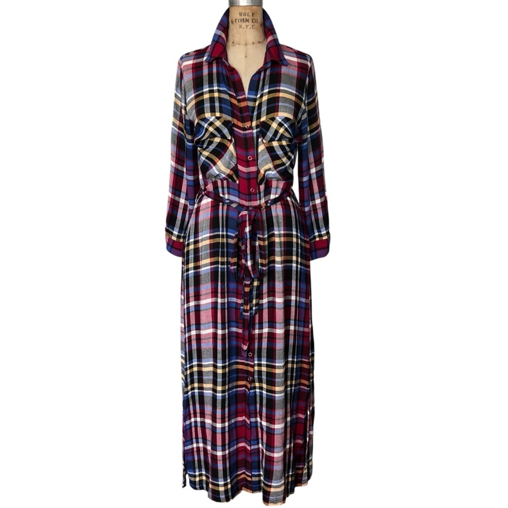 L'AGENCE Burgundy Plaid Maxi Shirt Dress